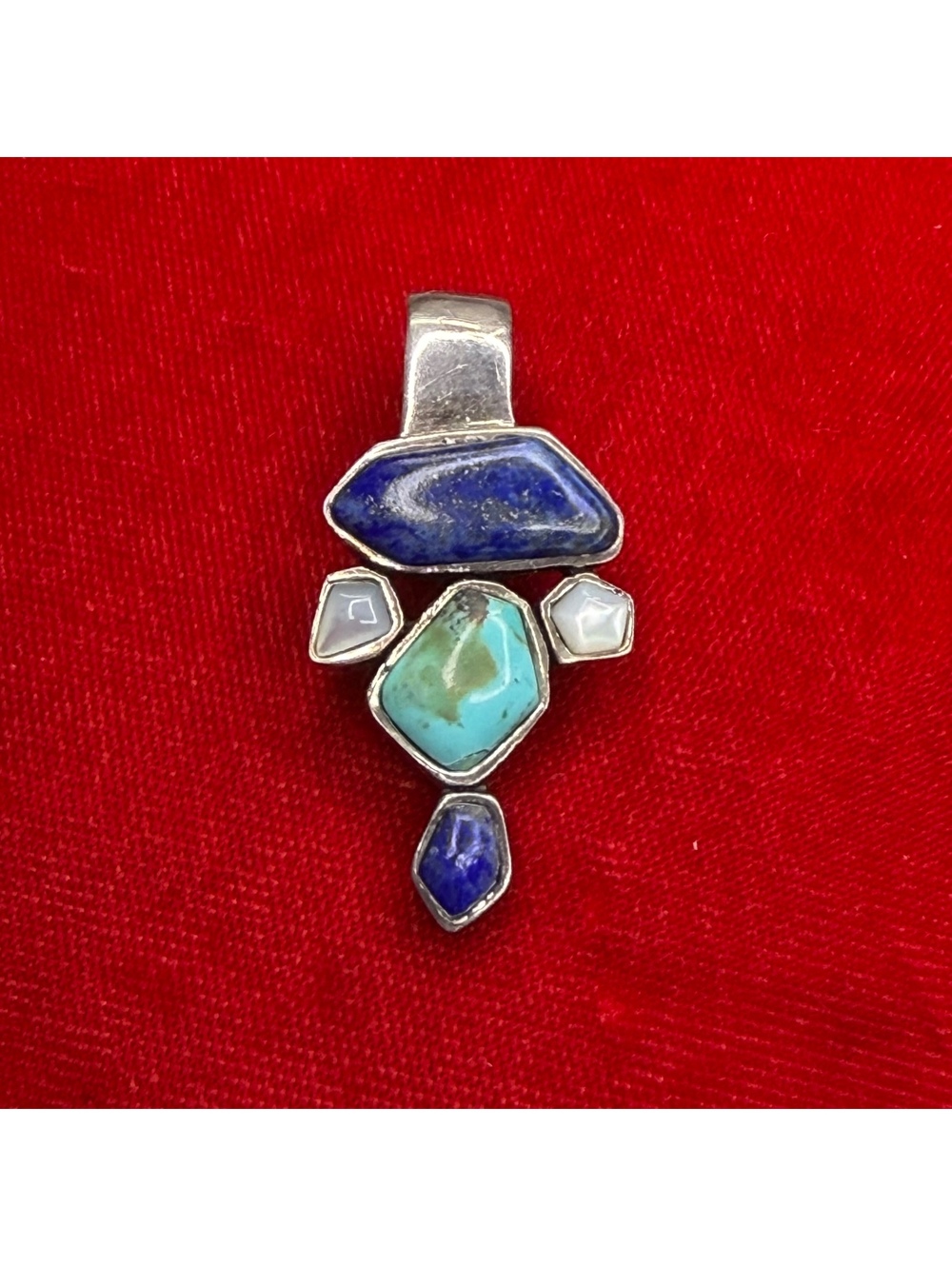 Sterling Lapis lazuli turquoise & mother of pearl artisans pendant vintage